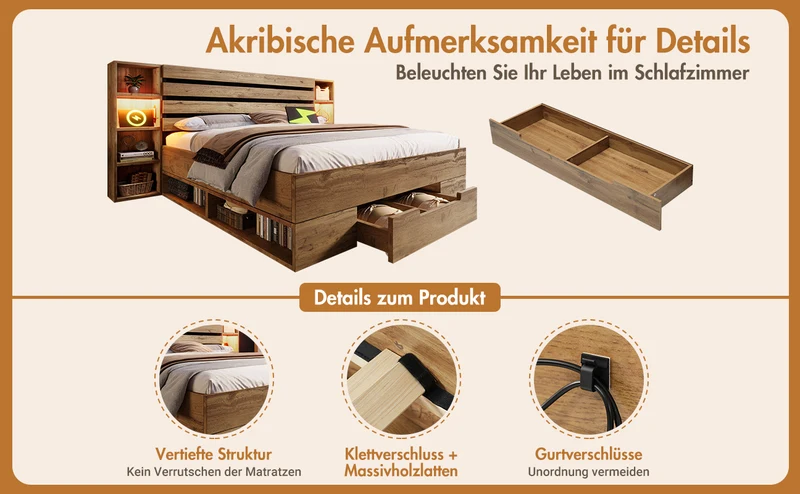 Lit coffre double avec éclairage LED étagères et tiroirs rangement prise USB C 180×200cm (sans matelas) IESSAES KING