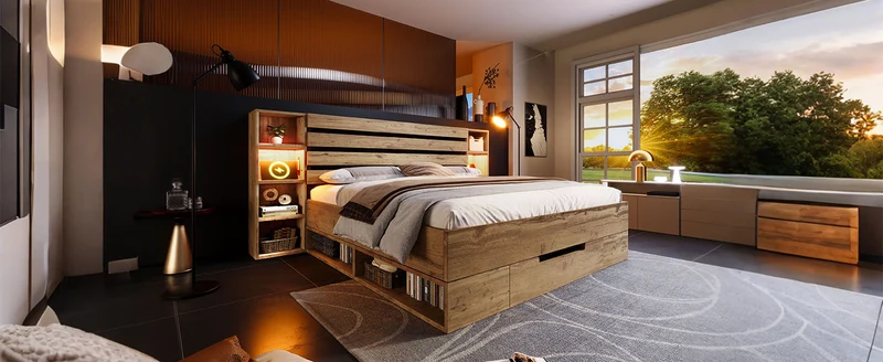 Lit coffre double avec éclairage LED étagères et tiroirs rangement prise USB C 180×200cm (sans matelas) IESSAES KING