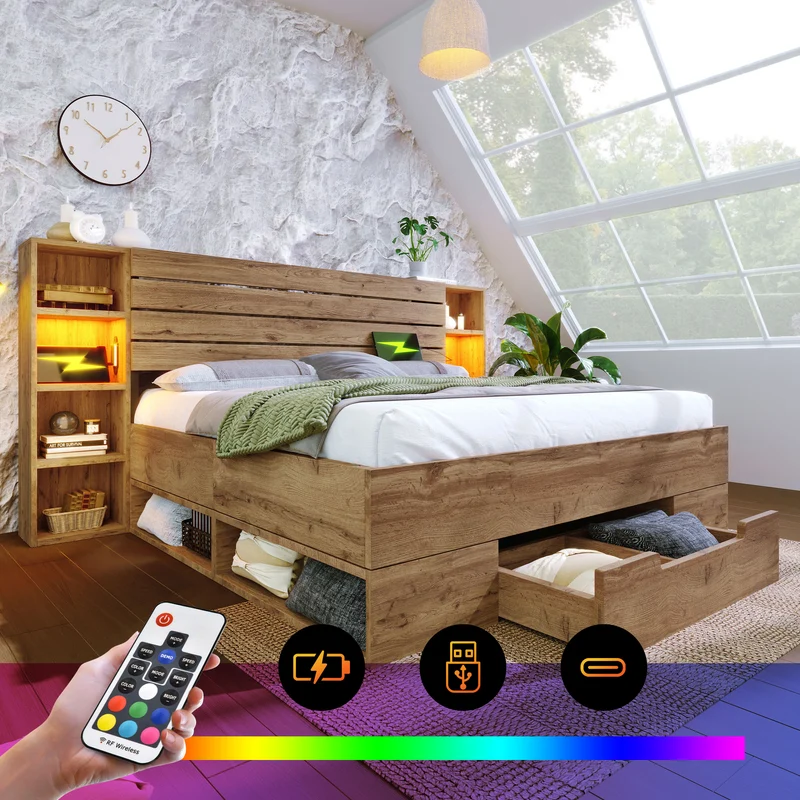 Lit coffre double avec éclairage LED étagères et tiroirs rangement prise USB C 180×200cm (sans matelas) IESSAES KING