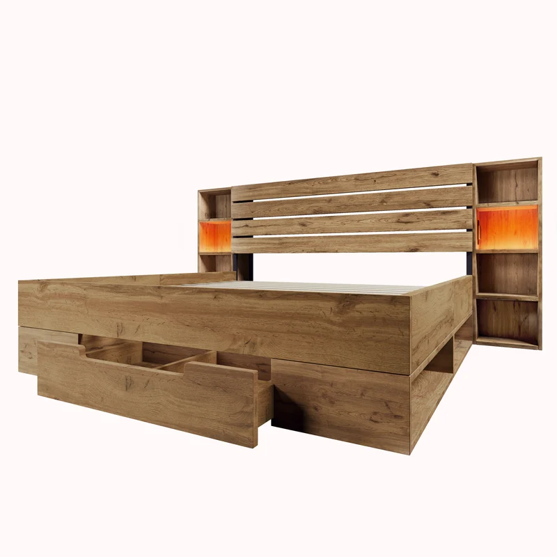 Lit coffre double avec éclairage LED étagères et tiroirs rangement prise USB C 180×200cm (sans matelas) IESSAES KING