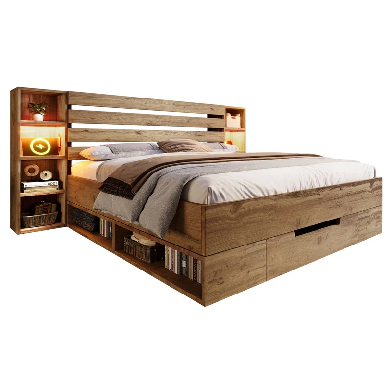 Lit coffre double avec éclairage LED étagères et tiroirs rangement prise USB C 180×200cm (sans matelas) IESSAES KING