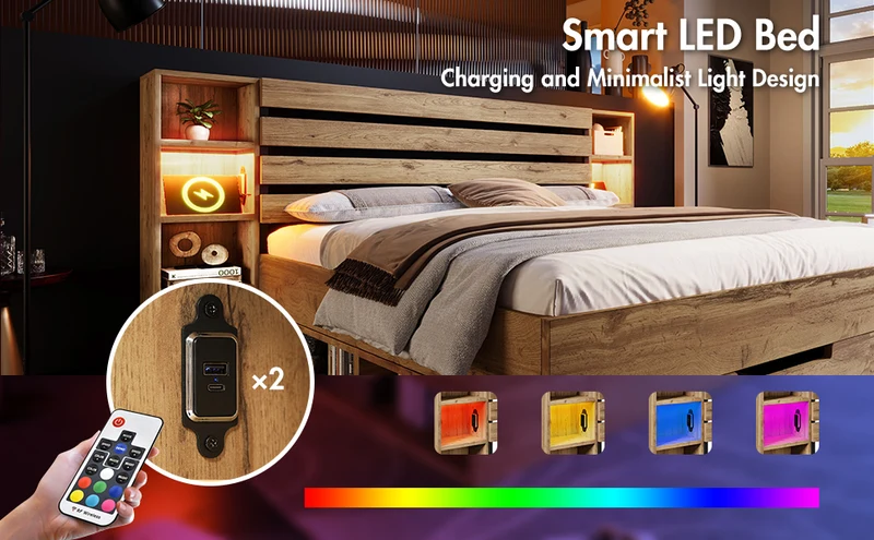 Lit coffre double avec éclairage LED étagères et tiroirs rangement prise USB C 180×200cm (sans matelas) IESSAES KING