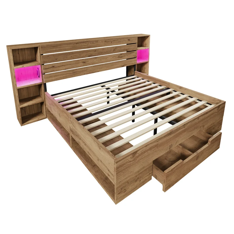 Lit coffre double avec éclairage LED étagères et tiroirs rangement prise USB C 180×200cm (sans matelas) IESSAES KING