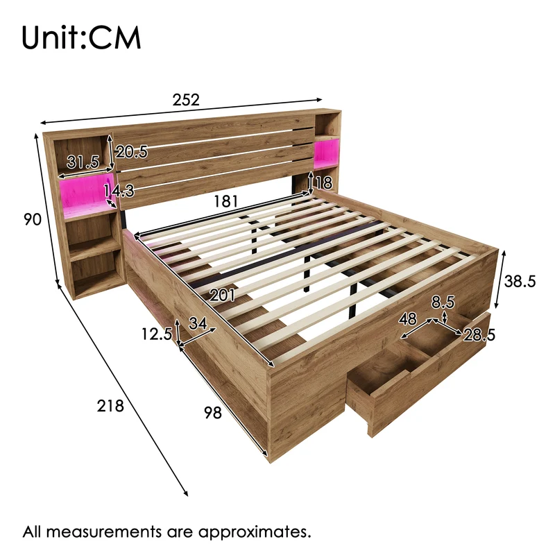 Lit coffre double avec éclairage LED étagères et tiroirs rangement prise USB C 180×200cm (sans matelas) IESSAES KING