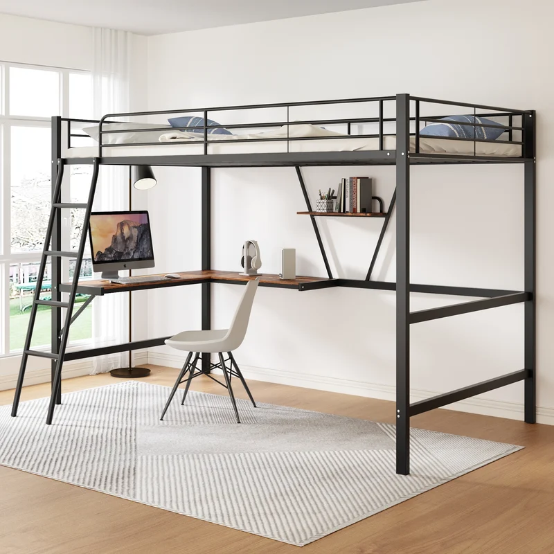 Lit mezzanine lit simple métallique noir avec bureau en L et étagère 90x200cm STOGZODS