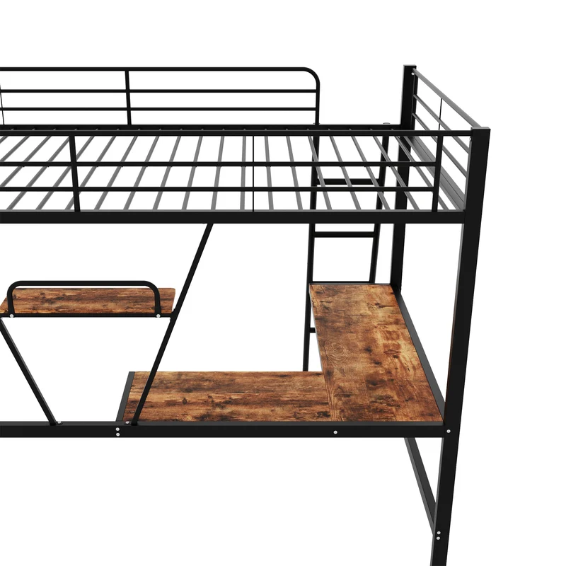 Lit mezzanine lit simple métallique noir avec bureau en L et étagère 90x200cm STOGZODS