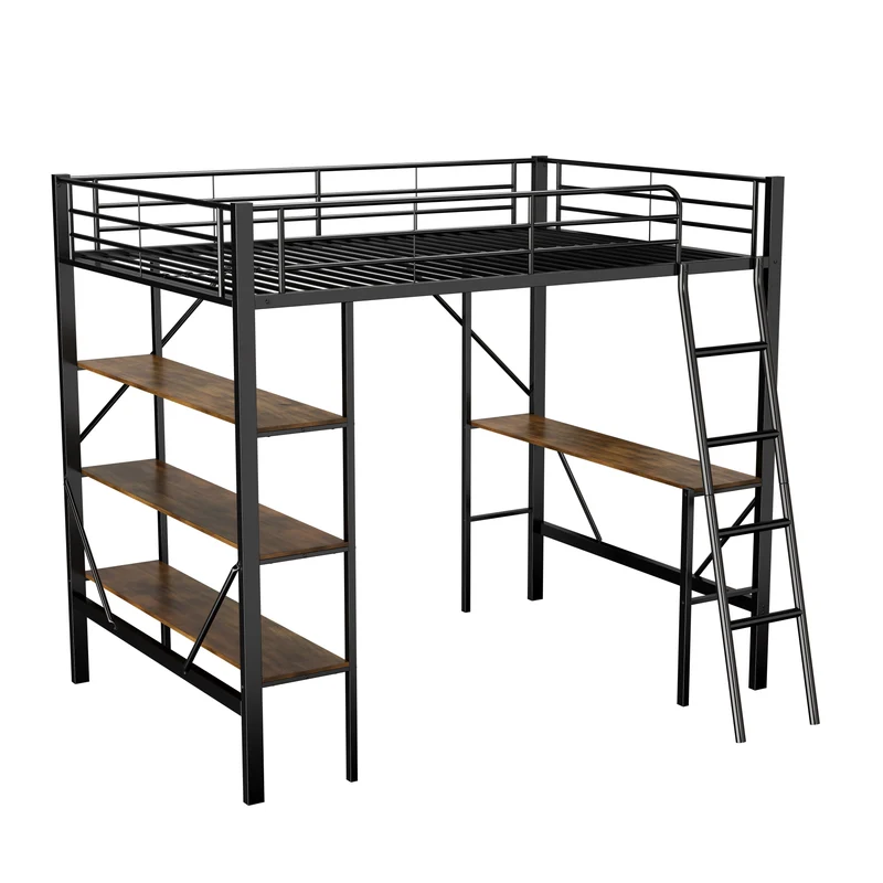 Lit mezzanine métallique noir avec cadre de lit 90x200 cm, avec bureau et 3 grandes étagères CORCEKS
