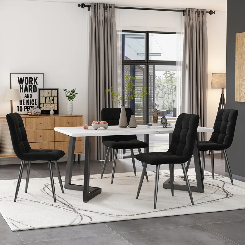 Table de salle à manger rectangulaire en motif marbre moderne avec pieds en métal noir/blanc 117x68cm GILQELS