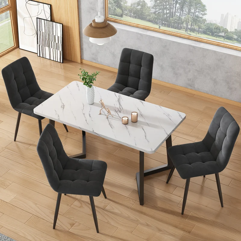 Table de salle à manger rectangulaire en motif marbre moderne avec pieds en métal noir/blanc 117x68cm GILQELS