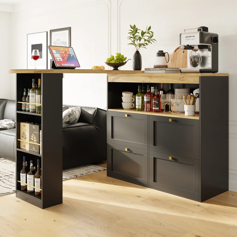 Table de bar modulable noir et bois pivotante avec étagères et tiroirs ILTAILL
