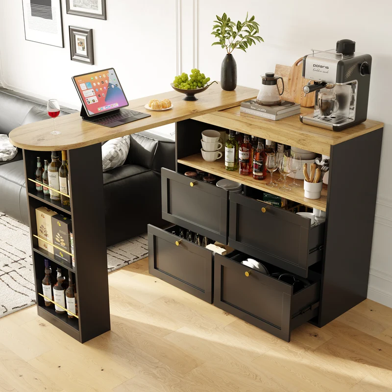 Table de bar modulable noir et bois pivotante avec étagères et tiroirs ILTAILL