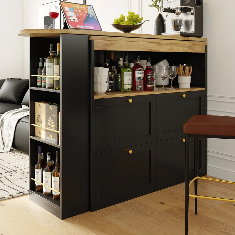 Table de bar modulable noir et bois pivotante avec étagères et tiroirs ILTAILL