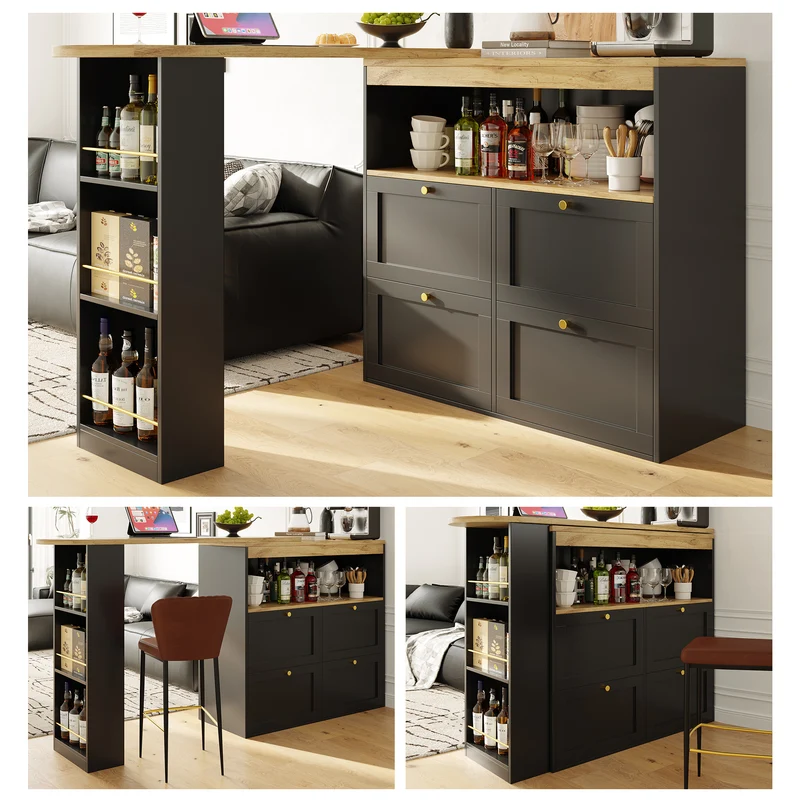 Table de bar modulable noir et bois pivotante avec étagères et tiroirs ILTAILL