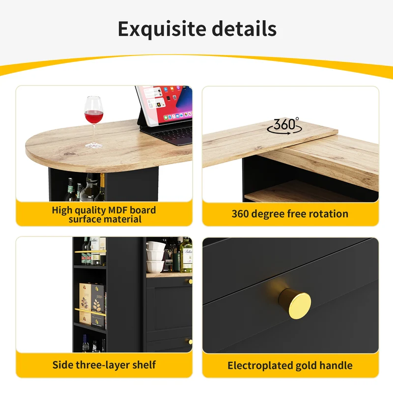 Table de bar modulable noir et bois pivotante avec étagères et tiroirs ILTAILL