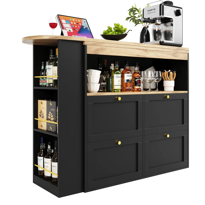 Table de bar modulable noir et bois pivotante avec étagères et tiroirs ILTAILL