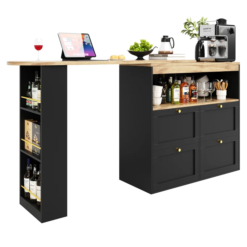 Table de bar modulable noir et bois pivotante avec étagères et tiroirs ILTAILL
