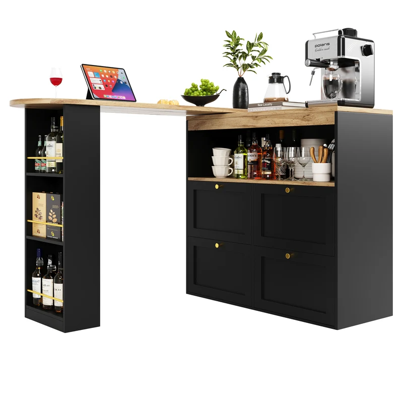 Table de bar modulable noir et bois pivotante avec étagères et tiroirs ILTAILL