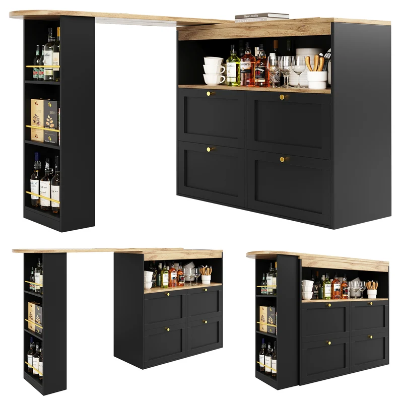 Table de bar modulable noir et bois pivotante avec étagères et tiroirs ILTAILL
