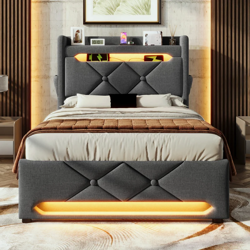 Lit coffre simple lin gris éclairage LED prise USB avec rangement NUCZOTS