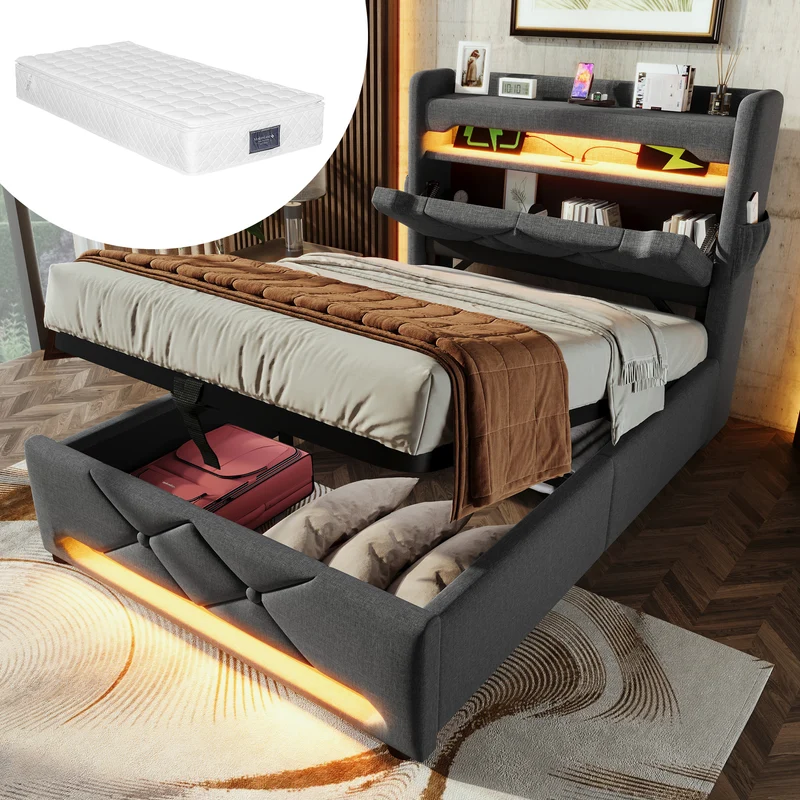 Lit coffre simple lin gris éclairage LED prise USB avec rangement NUCZOTS
