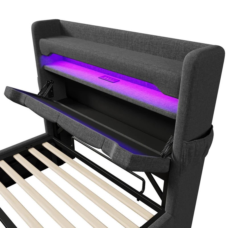 Lit coffre simple lin gris éclairage LED prise USB avec rangement NUCZOTS