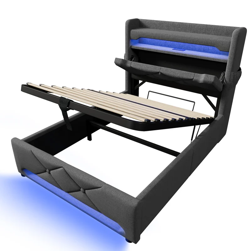 Lit coffre simple lin gris éclairage LED prise USB avec rangement NUCZOTS