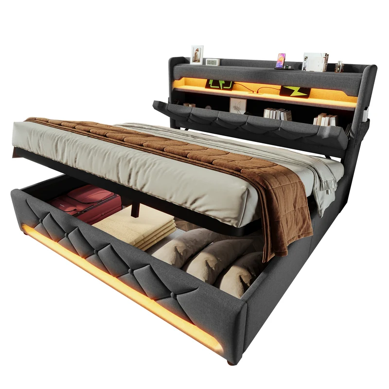 Lit coffre double lin gris éclairage LED avec chargeur et rangement 180x200cm King TRINCIDS