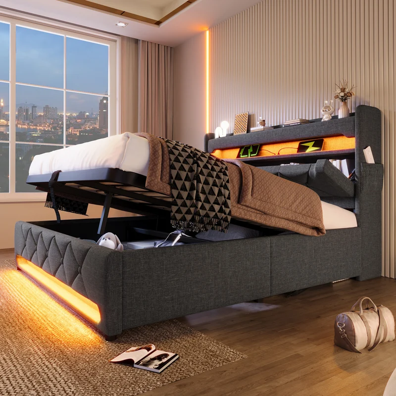 Lit coffre double lin gris éclairage LED avec chargeur et rangement 180x200cm King TRINCIDS