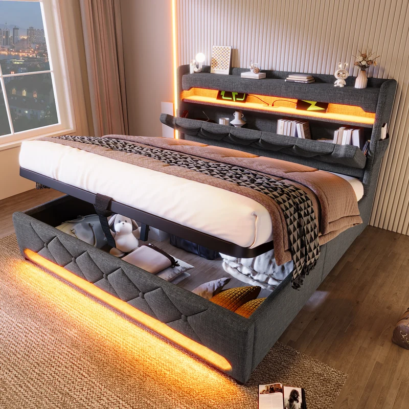 Lit coffre double lin gris éclairage LED avec chargeur et rangement 180x200cm King TRINCIDS