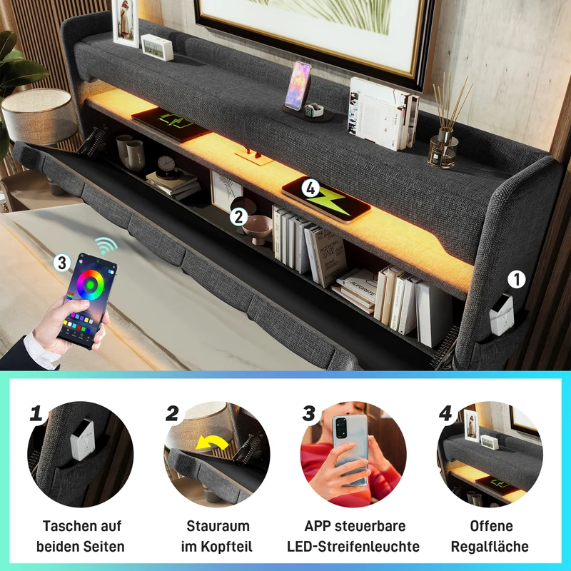 Lit coffre double lin gris éclairage LED avec chargeur et rangement 180x200cm King TRINCIDS