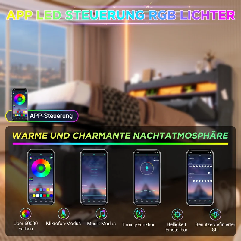 Lit coffre double lin gris éclairage LED avec chargeur et rangement 180x200cm King TRINCIDS
