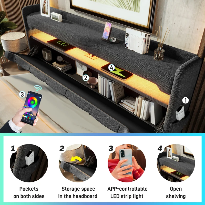 Lit coffre double lin gris éclairage LED avec chargeur et rangement 180x200cm King TRINCIDS