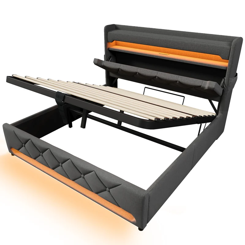 Lit coffre double lin gris éclairage LED avec chargeur et rangement 180x200cm King TRINCIDS