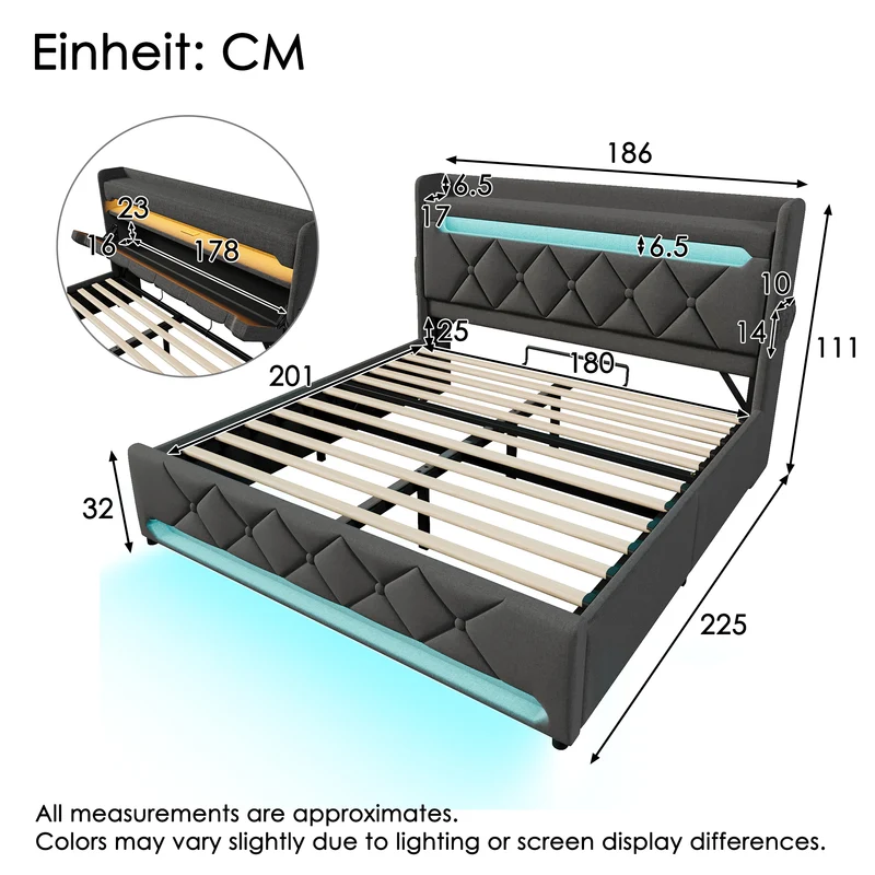 Lit coffre double lin gris éclairage LED avec chargeur et rangement 180x200cm King TRINCIDS