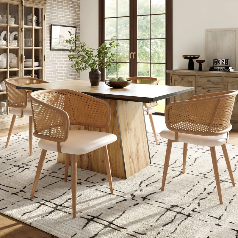 Lot de 2 chaises de salle à manger dossier en rotin, coussin d'assise en cuir PU beige, confortable et respirant NAD