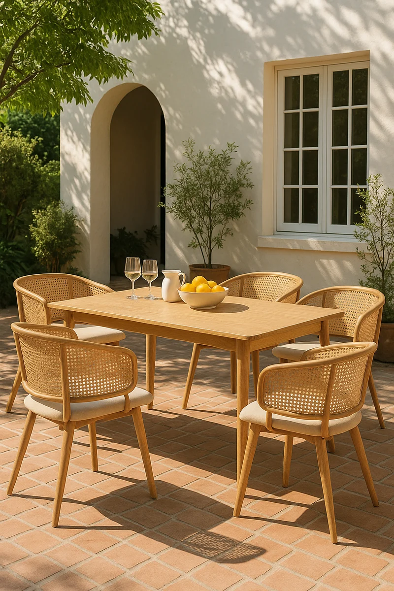 Lot de 2 chaises de salle à manger dossier en rotin, coussin d'assise en cuir PU beige, confortable et respirant NAD