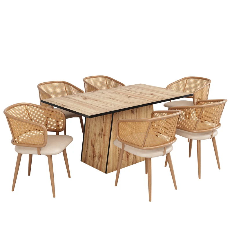 Lot de 2 chaises de salle à manger dossier en rotin, coussin d'assise en cuir PU beige, confortable et respirant NAD