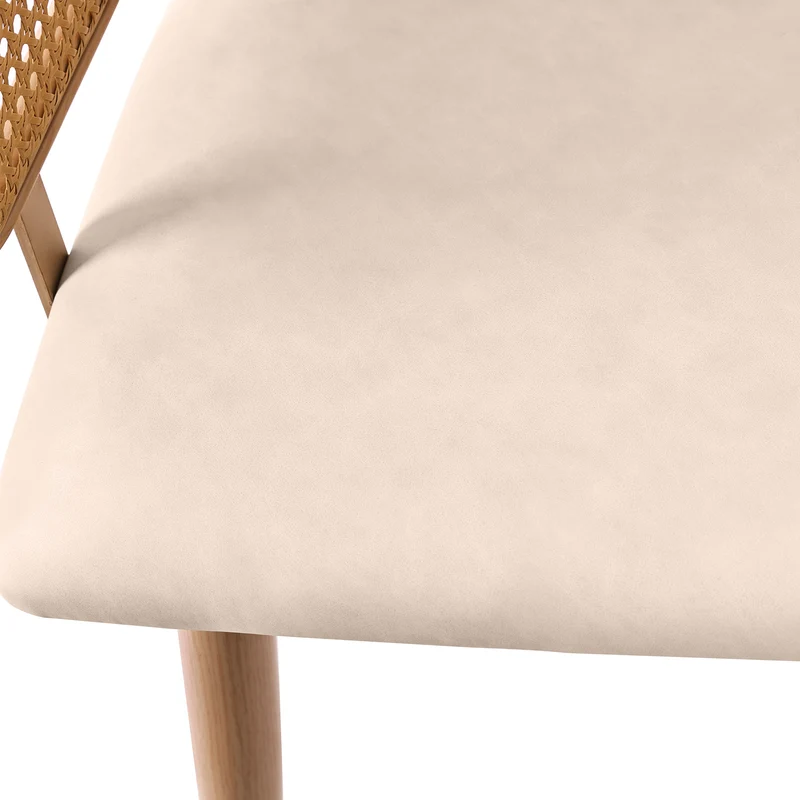 Lot de 2 chaises de salle à manger dossier en rotin, coussin d'assise en cuir PU beige, confortable et respirant NAD