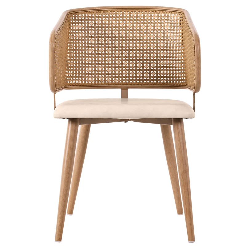 Lot de 2 chaises de salle à manger dossier en rotin, coussin d'assise en cuir PU beige, confortable et respirant NAD