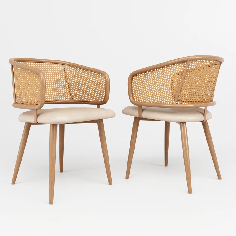 Lot de 2 chaises de salle à manger dossier en rotin, coussin d'assise en cuir PU beige, confortable et respirant NAD