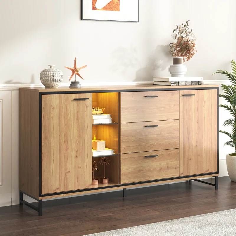Buffet effet bois et noir 3 tiroirs, 3 niches et 2 portes avec éclairage LED UVAT