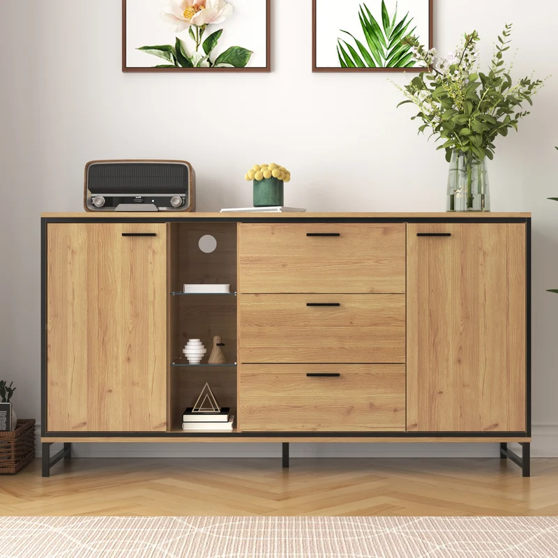 Buffet effet bois et noir 3 tiroirs, 3 niches et 2 portes avec éclairage LED UVAT