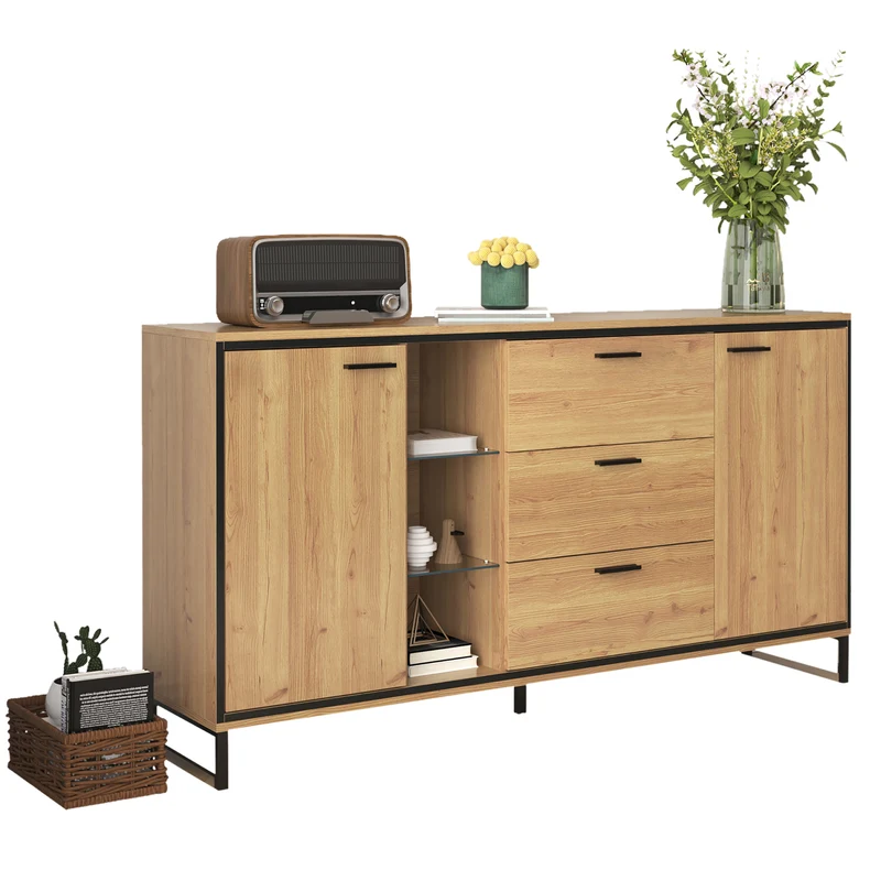 Buffet effet bois et noir 3 tiroirs, 3 niches et 2 portes avec éclairage LED UVAT