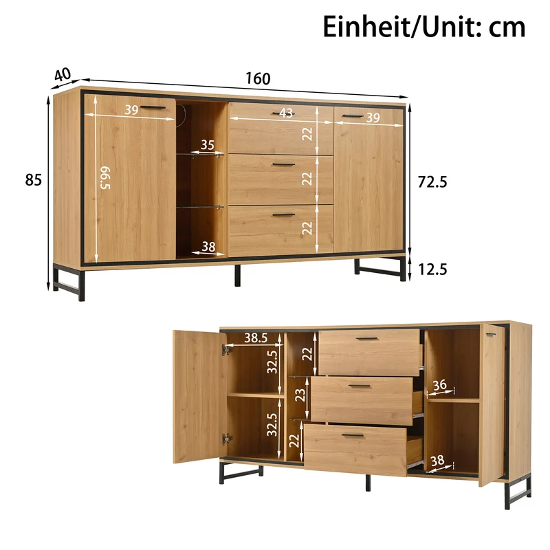Buffet effet bois et noir 3 tiroirs, 3 niches et 2 portes avec éclairage LED UVAT