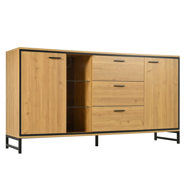Buffet effet bois et noir 3 tiroirs, 3 niches et 2 portes avec éclairage LED UVAT