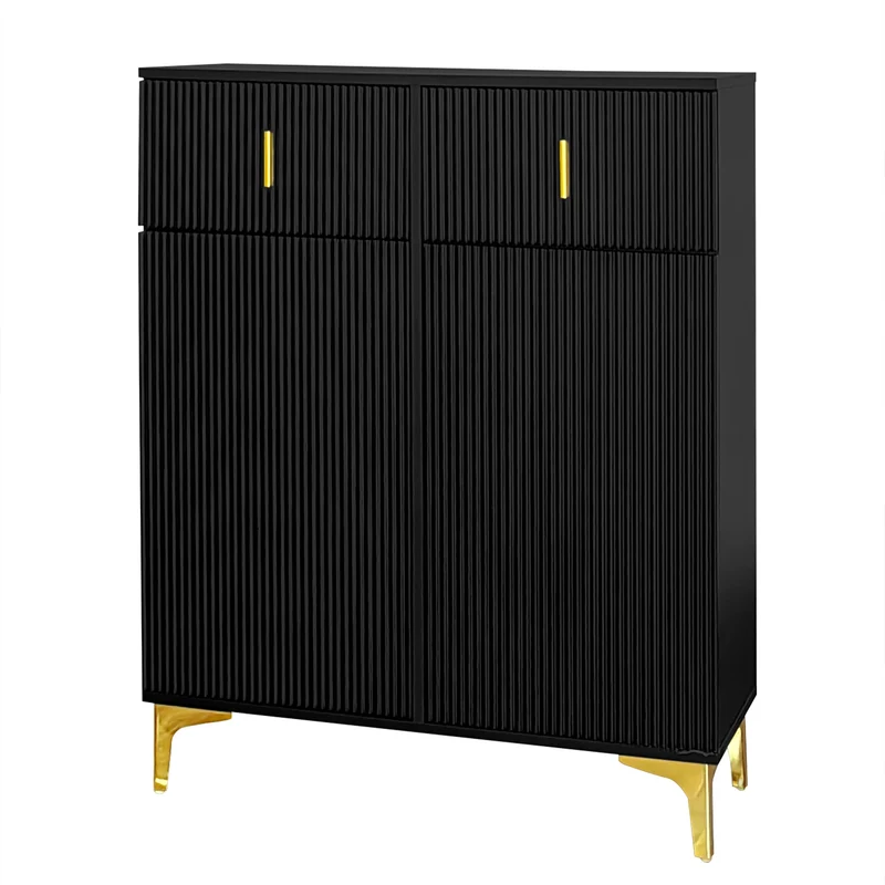 Buffet noir texturé avec détails dorés 2 tiroirs 2 portes SHEZA