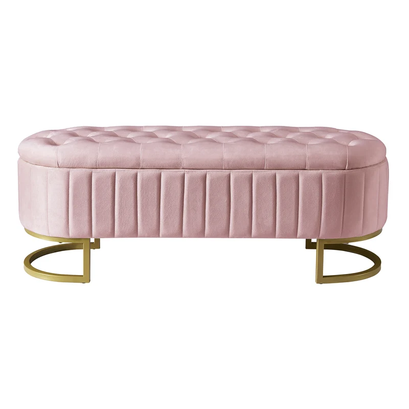 Banquette pouf capitonné en velours rose avec pieds dorés RIFTVORNATHYN