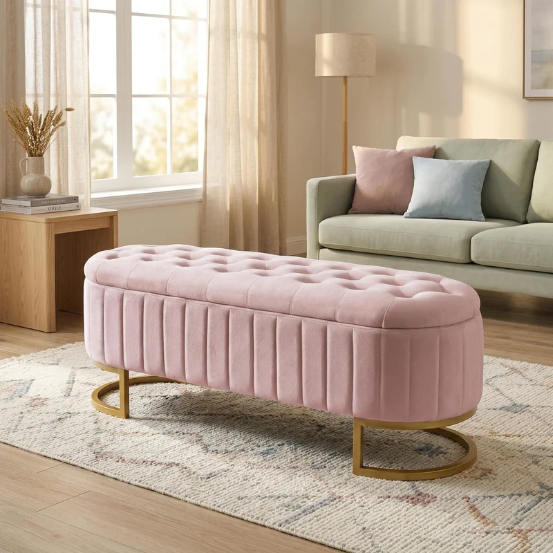 Banquette pouf capitonné en velours rose avec pieds dorés RIFTVORNATHYN