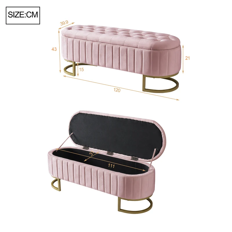 Banquette pouf capitonné en velours rose avec pieds dorés RIFTVORNATHYN