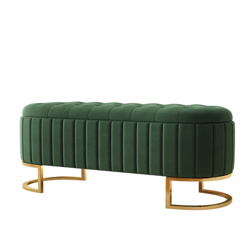 Banquette pouf capitonné en velours vert avec pieds dorés RIFTZYNTHYNOR